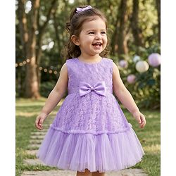 Babyhug Mesh Woven Sleeveless Floral Embroidered 5 Layer Tiered Party Dress with Satin Bow Applique - Yellow
