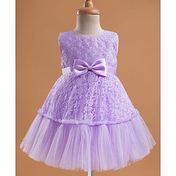 Babyhug Mesh Woven Sleeveless Floral Embroidered 5 Layer Tiered Party Dress with Satin Bow Applique - Yellow