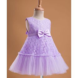 Babyhug Mesh Woven Sleeveless Floral Embroidered 5 Layer Tiered Party Dress with Satin Bow Applique - Yellow