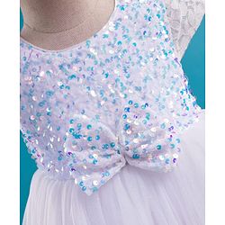 Babyhug Mesh Woven Cap Sleeves Full Length Party Gown with Lace Bow & Sequin  Detailing - White