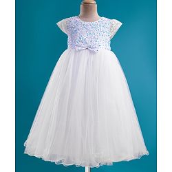 Babyhug Mesh Woven Cap Sleeves Full Length Party Gown with Lace Bow & Sequin  Detailing - White