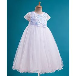 Babyhug Mesh Woven Cap Sleeves Full Length Party Gown with Lace Bow & Sequin  Detailing - White