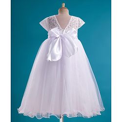 Babyhug Mesh Woven Cap Sleeves Full Length Party Gown with Lace Bow & Sequin  Detailing - White