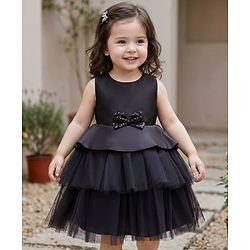 Babyhug Premium Satin Woven Sleeveless 5 Layered Party Frock with Sequins Bow Applique - Black