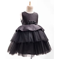 Babyhug Premium Satin Woven Sleeveless 5 Layered Party Frock with Sequins Bow Applique - Black