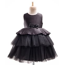 Babyhug Premium Satin Woven Sleeveless 5 Layered Party Frock with Sequins Bow Applique - Black