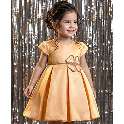 Babyhug Premium Satin Woven Cap Sleeves 5 Layers Solid Color Party Dress with Waist Belt Detailing - Cream