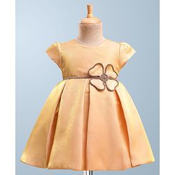 Babyhug Premium Satin Woven Cap Sleeves 5 Layers Solid Color Party Dress with Waist Belt Detailing - Cream