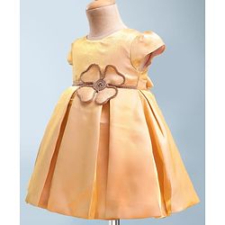 Babyhug Premium Satin Woven Cap Sleeves 5 Layers Solid Color Party Dress with Waist Belt Detailing - Cream