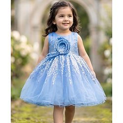 Babyhug Glitter Mesh Woven Sleeveless Party Dress With Sequin Detailing & Bow Applique - Light Blue