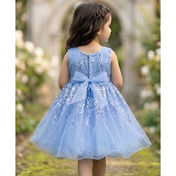 Babyhug Glitter Mesh Woven Sleeveless Party Dress With Sequin Detailing & Bow Applique - Light Blue