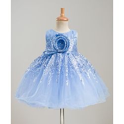 Babyhug Glitter Mesh Woven Sleeveless Party Dress With Sequin Detailing & Bow Applique - Light Blue