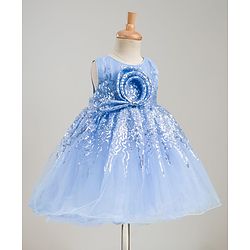 Babyhug Glitter Mesh Woven Sleeveless Party Dress With Sequin Detailing & Bow Applique - Light Blue