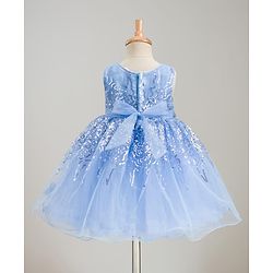 Babyhug Glitter Mesh Woven Sleeveless Party Dress With Sequin Detailing & Bow Applique - Light Blue