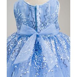 Babyhug Glitter Mesh Woven Sleeveless Party Dress With Sequin Detailing & Bow Applique - Light Blue