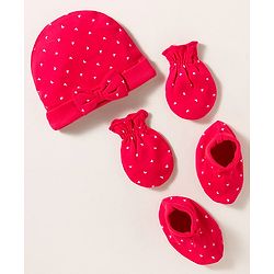 Babyhug 100% Cotton Knit Cap Mittens & Booties with Heart Print & Bow Applique Red - Diameter 14 cm