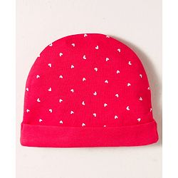 Babyhug 100% Cotton Knit Cap Mittens & Booties with Heart Print & Bow Applique Red - Diameter 14 cm