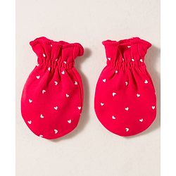 Babyhug 100% Cotton Knit Cap Mittens & Booties with Heart Print & Bow Applique Red - Diameter 14 cm