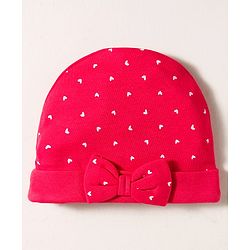 Babyhug 100% Cotton Knit Cap Mittens & Booties with Heart Print & Bow Applique Red - Diameter 14 cm