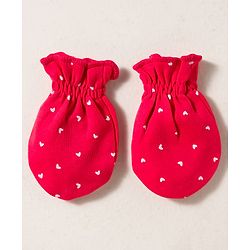Babyhug 100% Cotton Knit Cap Mittens & Booties with Heart Print & Bow Applique Red - Diameter 14 cm
