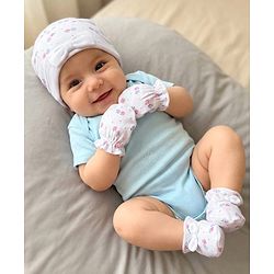 Babyhug 100% Cotton Interlock Knit Cap, Mittens & Booties Set With Strawberry Print & Bow Applique White & Pink - Diameter 9.5 cm