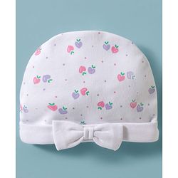 Babyhug 100% Cotton Interlock Knit Cap, Mittens & Booties Set With Strawberry Print & Bow Applique White & Pink - Diameter 9.5 cm