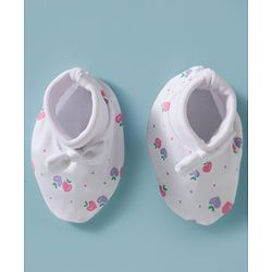 Babyhug 100% Cotton Interlock Knit Cap, Mittens & Booties Set With Strawberry Print & Bow Applique White & Pink - Diameter 9.5 cm