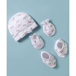 Babyhug 100% Cotton Interlock Knit Cap, Mittens & Booties Set With Strawberry Print & Bow Applique White & Pink - Diameter 9.5 cm