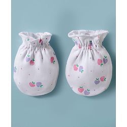 Babyhug 100% Cotton Interlock Knit Cap, Mittens & Booties Set With Strawberry Print & Bow Applique White & Pink - Diameter 9.5 cm