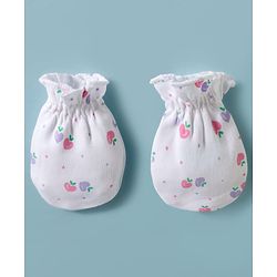 Babyhug 100% Cotton Interlock Knit Cap, Mittens & Booties Set With Strawberry Print & Bow Applique White & Pink - Diameter 9.5 cm