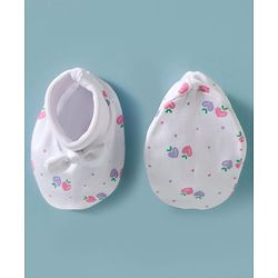 Babyhug 100% Cotton Interlock Knit Cap, Mittens & Booties Set With Strawberry Print & Bow Applique White & Pink - Diameter 9.5 cm