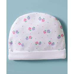 Babyhug 100% Cotton Interlock Knit Cap, Mittens & Booties Set With Strawberry Print & Bow Applique White & Pink - Diameter 9.5 cm