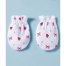 Babyhug 100% Cotton Knit Cap, Mittens & Booties Set with Strawberry & Bow Print White - Diameter 9.5 cm