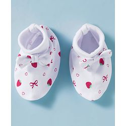 Babyhug 100% Cotton Knit Cap, Mittens & Booties Set with Strawberry & Bow Print White - Diameter 9.5 cm