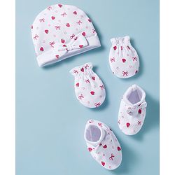 Babyhug 100% Cotton Knit Cap, Mittens & Booties Set with Strawberry & Bow Print White - Diameter 9.5 cm