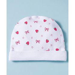 Babyhug 100% Cotton Knit Cap, Mittens & Booties Set with Strawberry & Bow Print White - Diameter 9.5 cm