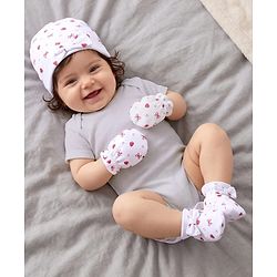 Babyhug 100% Cotton Knit Cap, Mittens & Booties Set with Strawberry & Bow Print White - Diameter 9.5 cm