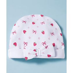 Babyhug 100% Cotton Knit Cap, Mittens & Booties Set with Strawberry & Bow Print White - Diameter 9.5 cm
