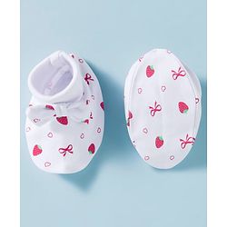 Babyhug 100% Cotton Knit Cap, Mittens & Booties Set with Strawberry & Bow Print White - Diameter 9.5 cm