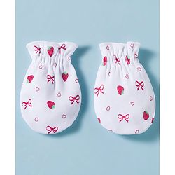 Babyhug 100% Cotton Knit Cap, Mittens & Booties Set with Strawberry & Bow Print White - Diameter 9.5 cm