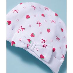Babyhug 100% Cotton Knit Cap, Mittens & Booties Set with Strawberry & Bow Print White - Diameter 9.5 cm