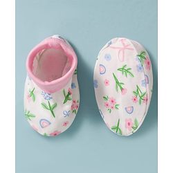 Babyhug 100% Cotton Knit Cap, Mittens & Booties Set with Floral Print White & Pink - Diameter 14 cm