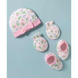 Babyhug 100% Cotton Knit Cap, Mittens & Booties Set with Floral Print White & Pink - Diameter 14 cm