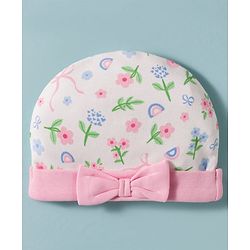 Babyhug 100% Cotton Knit Cap, Mittens & Booties Set with Floral Print White & Pink - Diameter 14 cm