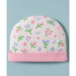 Babyhug 100% Cotton Knit Cap, Mittens & Booties Set with Floral Print White & Pink - Diameter 14 cm