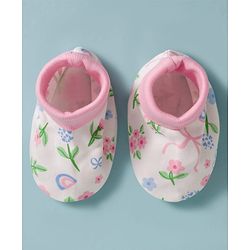 Babyhug 100% Cotton Knit Cap, Mittens & Booties Set with Floral Print White & Pink - Diameter 14 cm