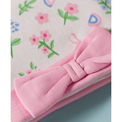 Babyhug 100% Cotton Knit Cap, Mittens & Booties Set with Floral Print White & Pink - Diameter 14 cm