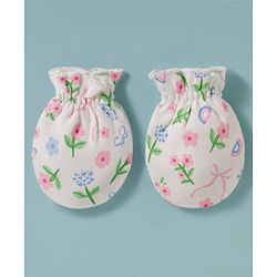Babyhug 100% Cotton Knit Cap, Mittens & Booties Set with Floral Print White & Pink - Diameter 14 cm