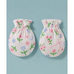 Babyhug 100% Cotton Knit Cap, Mittens & Booties Set with Floral Print White & Pink - Diameter 14 cm