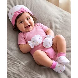 Babyhug 100% Cotton Knit Cap, Mittens & Booties Set with Bow Applique Floral Print  White & Pink - Diameter 10 cm